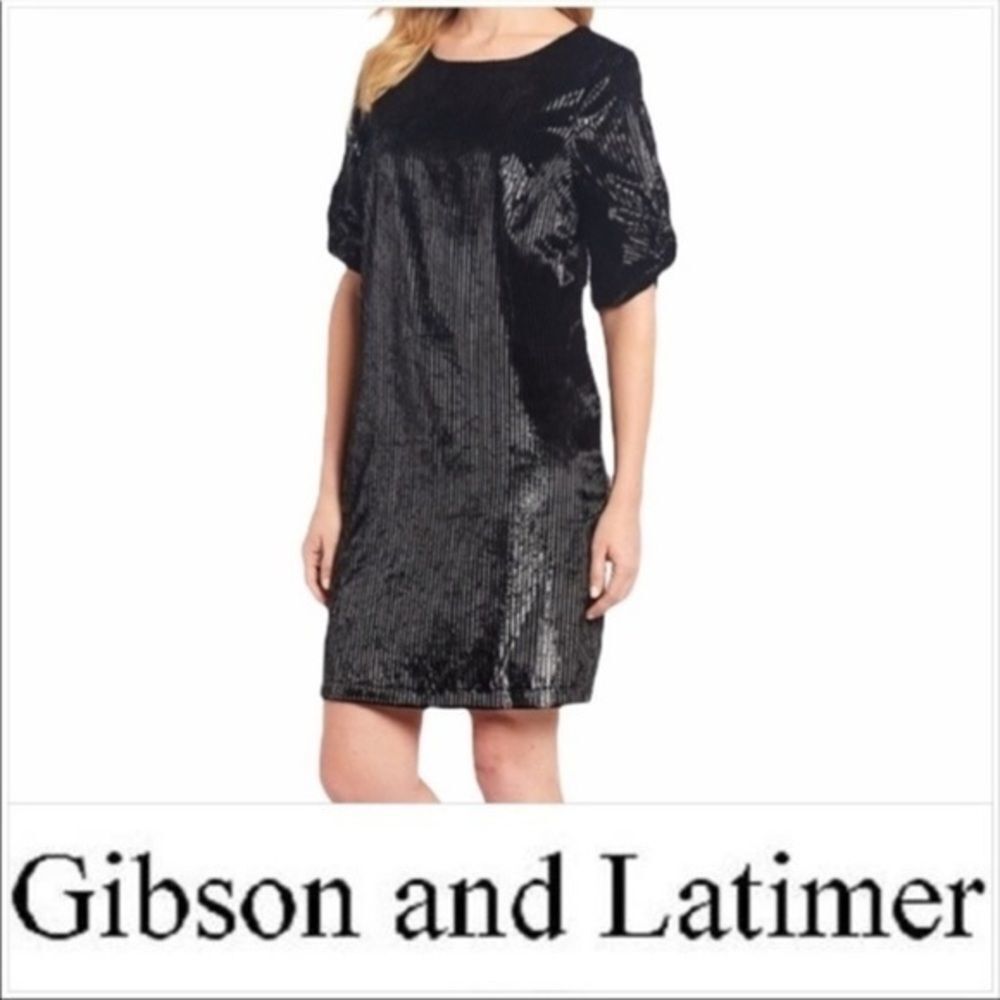 GIBSON LATIMER | $119 Black Glitter Pinstripe Velvet Shift Dress - Women’s Med